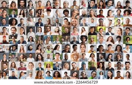 Diversity concept. Mosaic of cheerful multiracial people men different ages posing outdoors and indoors, smiling at camera, showing positive emotions, collage, collection of closeup photos Royalty-Free Stock Photo #2264456729