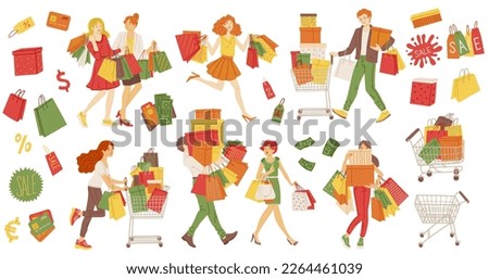 Consumerism and shopping set of people holding shopping bags, flat vector illustration isolated on white background. Cartoon characters for concept of overspending. Royalty-Free Stock Photo #2264461039