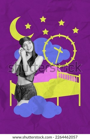 Vertical portrait collage of young dreamy girl time to sleep bedroom tired midnight relax isolated on painted violet color background