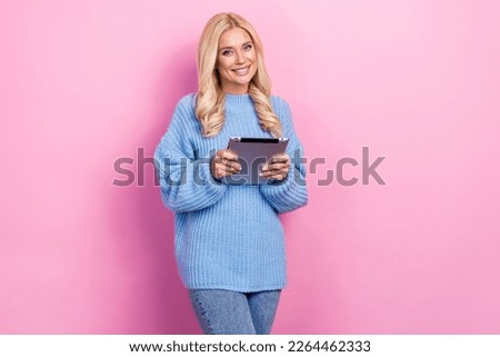 Photo of adorable positive lady wear comfort clothes use modern device chatting colleagues friends isolated on pink color background