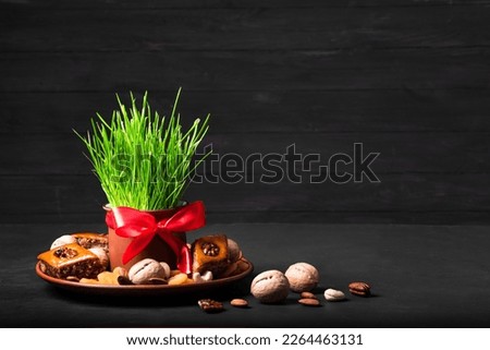 Novruz setting table decoration, wheat grass, baklava pastry and nuts on black. Nowruz arabic holiday, new year spring celebration, copy space.