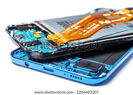 main case and back cover of disassembled blue smartphone isolated on white background close up
