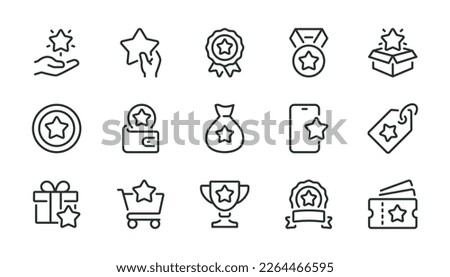 Bonus, reward, loyalty, benefit and prize related pixel perfect outline icons set vector illustration. Royalty-Free Stock Photo #2264466595
