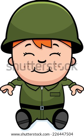 A cartoon illustration of an army soldier boy sitting and smiling.