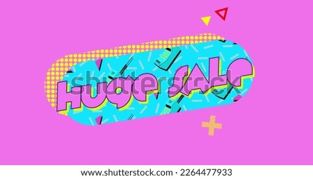 Image of the words Huge Sale in pink letters on a turquoise oval with moving graphic and shapes on a pink background