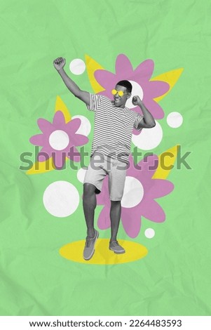 Vertical collage picture of excited positive black white effect guy enjoy dancing chilling isolated on drawing flowers background
