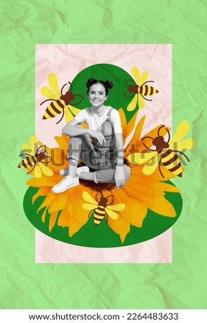 Vertical collage picture of mini positive black white colors girl sitting huge flower flying bees isolated on painted background