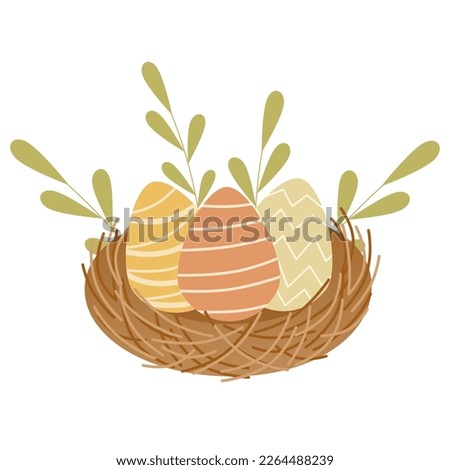 Easter nest with colourful eggs in children's illustration style on a white background and isolated. Brown nest, green leaves and eggs. Suitable for cards, designs, stickers, invitations.