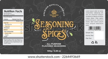 Spice Label Design Template. Seasoning herbs and spice packaging Design. Lemon, Cardamom, Garlic, pepper and mint organic spices product vector illustration. Luxury Spice Seasoning Jar Label Design Royalty-Free Stock Photo #2264493669