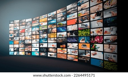 Television streaming, TV broadcast. Multimedia wall concept.