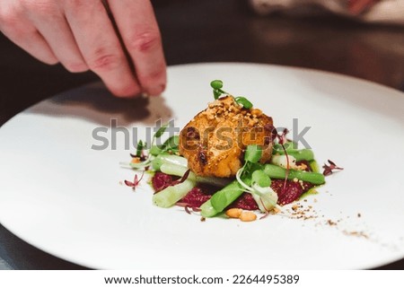 Michelin chef preparing monk fish Royalty-Free Stock Photo #2264495389