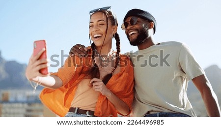 Couple, bonding and phone selfie on city building rooftop on New York summer holiday, travel vacation date or social media memory. Smile, happy or black man and woman on mobile photography technology Royalty-Free Stock Photo #2264496985