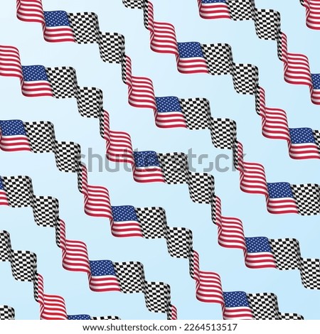 United States of America flag and race track checkered flag isolated on white and black background. Start and finish racing sport waving. Competition and poster designs