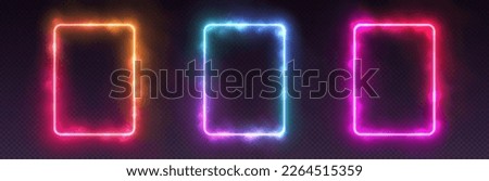 Gradient neon frames with smoke, led rectangular borders with mist effect, transparent glowing haze. Futuristic social media template design elements. Vector retro decorations. Royalty-Free Stock Photo #2264515359