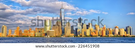 Lower Manhattan skyline panorama before sunset, New York