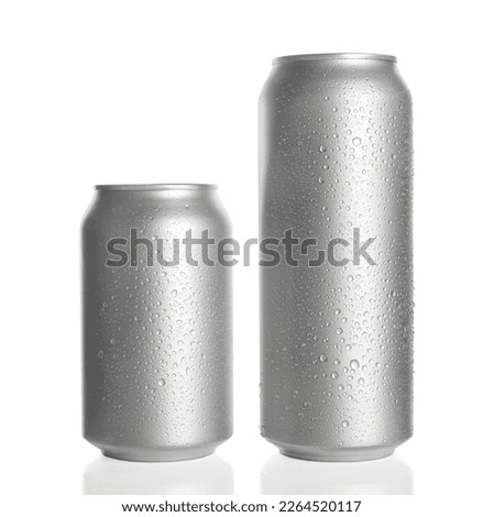 Aluminum cans with water drops on white background. Mockup for design Royalty-Free Stock Photo #2264520117