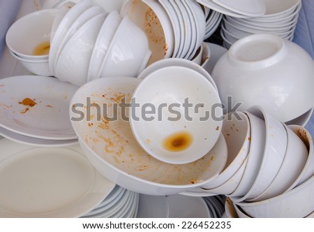 Dirty dishes waiting for wash.