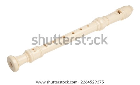 Recorder instrument. Soprano recorder, German fingering. Flute pipe. Classical music instrument for school student education. Flutist concert. Learn melody. High resolution. White Isolated background. Royalty-Free Stock Photo #2264529375