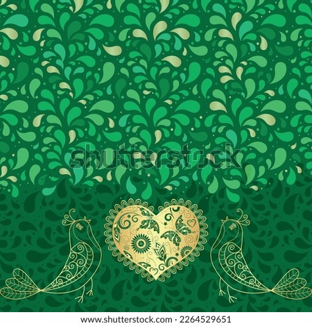 Vector vintage spring frame with green paisley, golden heart and birds