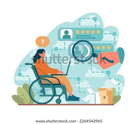 Discrimination and ableism. Bias in society, discrimination and social prejudice against people with disabilities. HR specialist reject an young disabled woman cv. Flat vector illustration Royalty-Free Stock Photo #2264543965