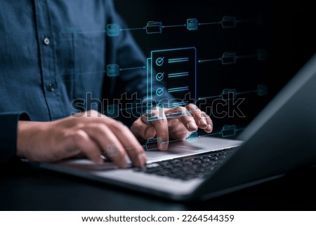Business document icon, Business webinar document, Icon on laptop virtual screen hologram technology theme, Business mail, Official paper, Attachment, Business, Laptop Royalty-Free Stock Photo #2264544359