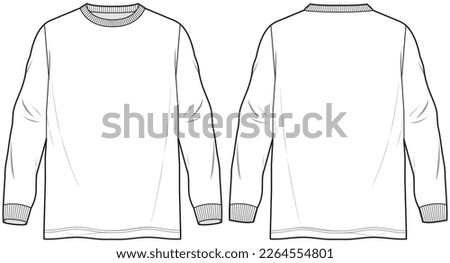 mens crew neck long sleeve oversized t shirt flat sketch vector illustration technical cad drawing template