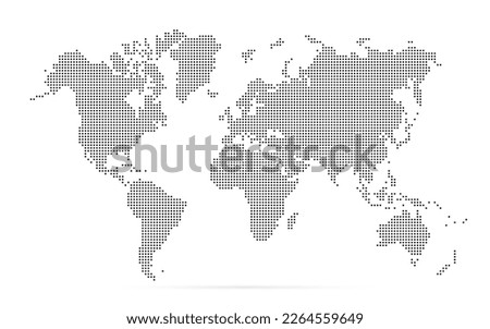 World map with square dot. Black dotted squares world map isolated on white background. Pixels silhouette worldmap. Simple flat wallpaper. Planet halftone pattern for design print. Vector illustration