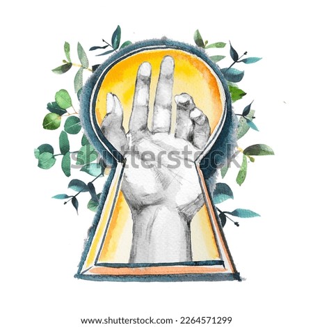 Black and white hand in an old keahole with colorful leaves.Abstract creative artwork. Watercolor and pencil nature care concept painting. Secret concept illustration. 