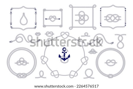 Nautical rope knots, frames and border set. Seamless decorative marine rope elements. Twisted cord with decorative loop. Vector illustration on white background