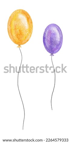 Watercolor set of party balloons of orange purple colors, violet. Hand drawn illustration, cut out clipart elements for birthday card, holiday design