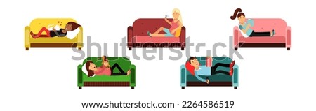 Man and Woman at Home Having Rest Relaxing on Sofa Vector Set