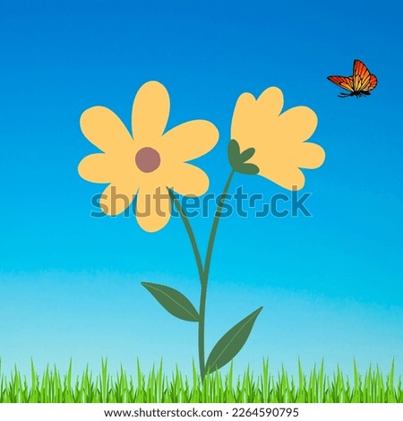 Yellow flowers with butterfly in sunny day background