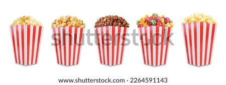 Set of popcorn: classic salt, cheese, chocolate, caramel and sweet multicolor. toning. selective focus Royalty-Free Stock Photo #2264591143