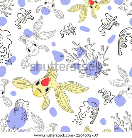 Seamless pattern of fish, coral and waves in doodle style. Marine pattern. Vector illustration