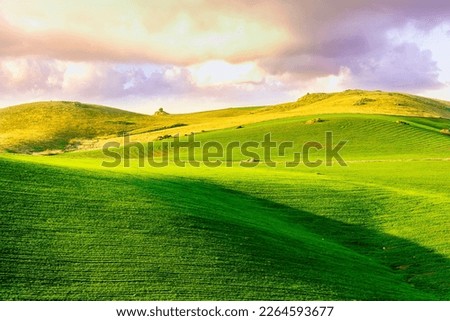 amazing sunset among green spring hills in highland farm with castle , mountains and picturesque colorful sunset on background of landscape Royalty-Free Stock Photo #2264593677