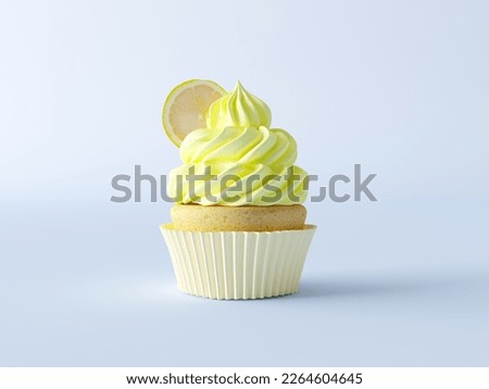 Birthday cupcake with pastel yellow whipped cream swirl. Vanilla cupcake with lemon slice and high cream swirl. Single cupcake in paper cup isolated on pastel blue background. 3d render illustration.