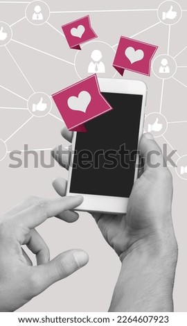Creative collage of hands holding smartphone with social media images