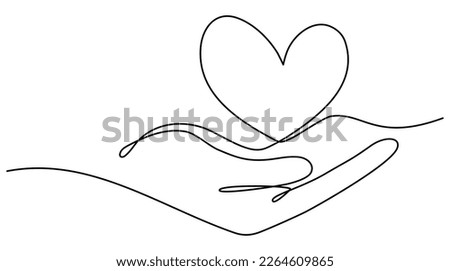 Continuous one line drawing arms holding heart. Charity donation linear concept. Vector isolated on white.