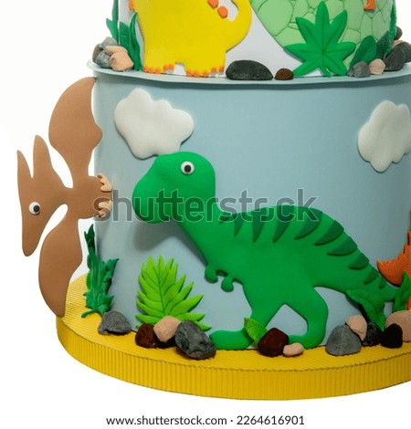 Detail of modern wafer paper cakes. The cakes maked of wafer paper.Design cake of the theme is inspired by the movie Jurassic