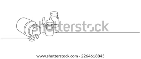 One continuous line drawing of medicine set with pills. Pharmaceutical components and capsules in container with drugs symbols in simple linear style. Editable stroke. Contour vector illustration