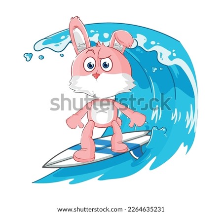 the pink bunny surfing character. cartoon mascot vector