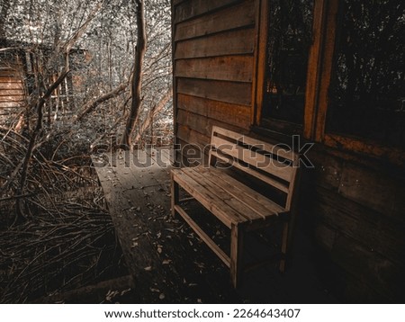 Wooden chairs on the porch of an old and spooky abandoned wooden house .wood chair in old wooden house .This photo is noisy