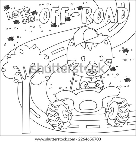 Cute tiger cartoon having fun driving off road car on sunny day. Cartoon isolated vector illustration, Creative vector Childish design for kids activity colouring book or page.