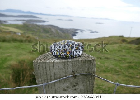 Kindness rock with you rock message painted on wooden fence post with rural seascape out of focus in background