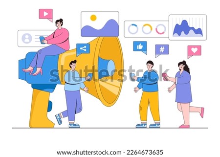 Public relation, digital marketing and media concept. People use big loudspeaker to communicate with audience. PR agency team work on social media promotion. Royalty-Free Stock Photo #2264673635