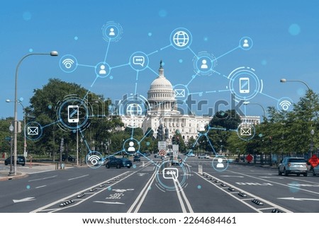 Capitol dome building exterior, Washington DC, USA. Home of Congress and Capitol Hill. American political system. Social media hologram. Concept of networking and establishing new people connections Royalty-Free Stock Photo #2264684461