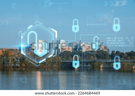 Panoramic view, Washington towards Arlington financial downtown, city skyline over Potomac River. Virginia, USA. The concept of cyber security to protect confidential information, padlock hologram