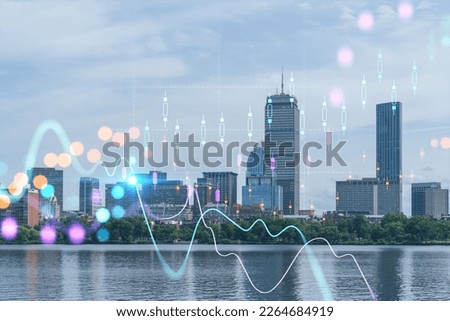 Panorama skyline, city view of Boston at day time, Massachusetts. Building exteriors of financial downtown. Glowing FOREX graph hologram. The concept of international trading and fundamental analysis