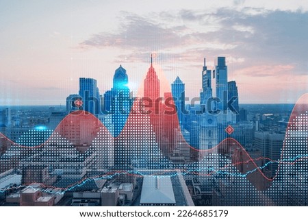 Skyscrapers Cityscape Downtown View, Philadelphia Skyline Buildings. Beautiful Real Estate. Sunset. Forex Financial graph and chart hologram. Business education concept.