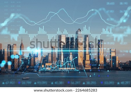 New York City skyline from New Jersey over Hudson River with Hudson Yards skyscrapers at sunset. Manhattan, Midtown. Forex graph. The concept of internet trading, brokerage and fundamental analysis Royalty-Free Stock Photo #2264685283